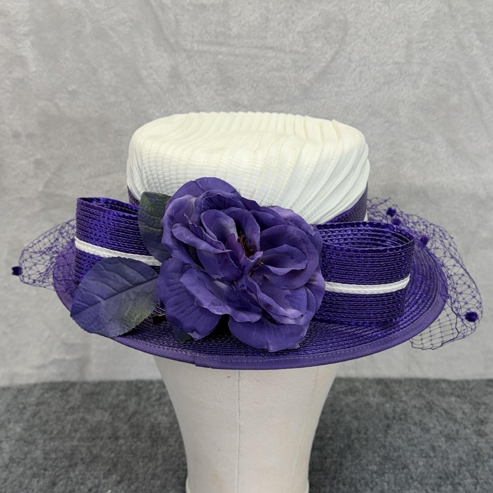 Vintage Doris Top Hat Fascinator Womens Purple Fish Net Bow Derby Church Wedding